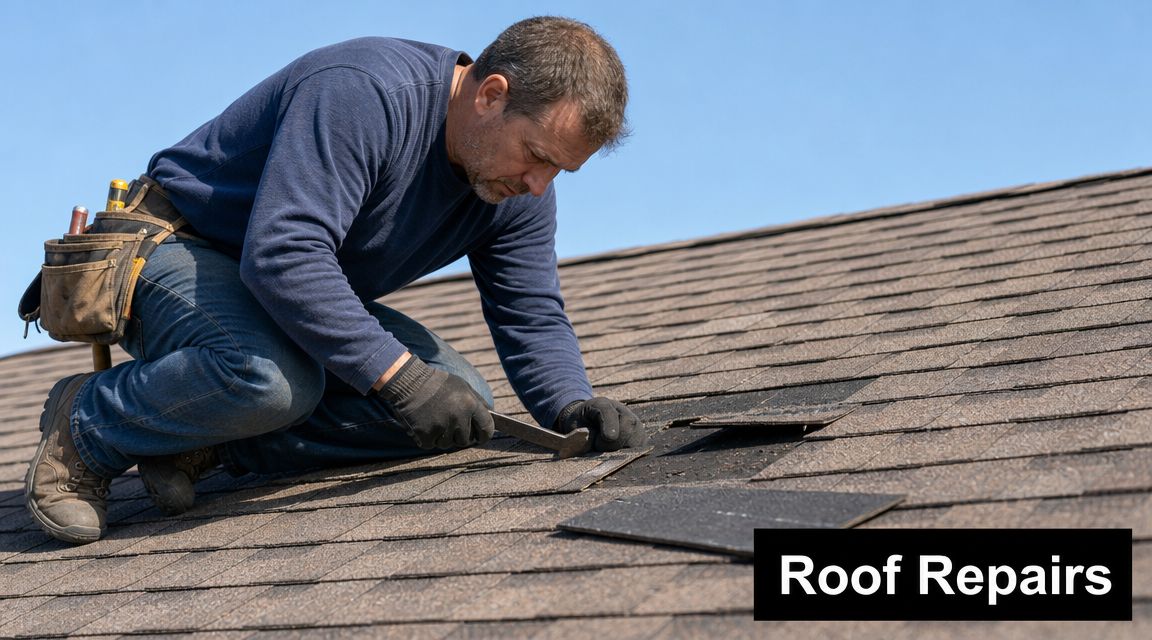 A professional roofer wearing work gloves uses a tool to repair shingles on a residential roof.