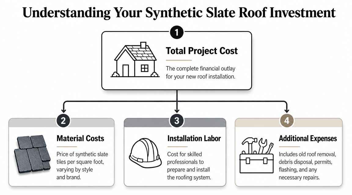 A diagram illustrating the cost components of a synthetic slate roof installation including materials, labor, and expenses.