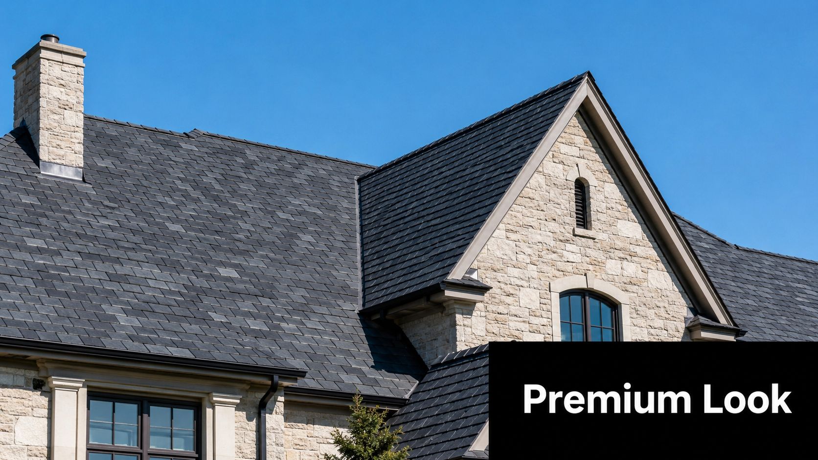 A close-up view of a high-end luxury home featuring a dark synthetic slate shingle roof.