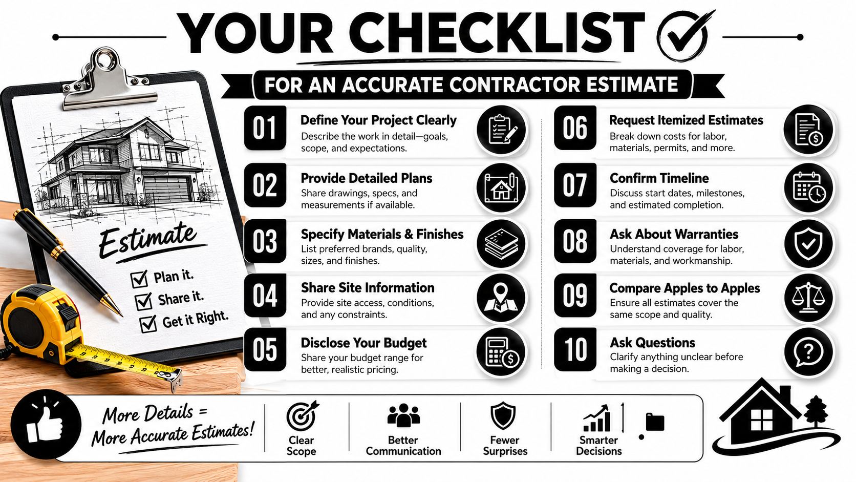 A helpful checklist infographic detailing steps to get an accurate contractor estimate for home improvement projects.
