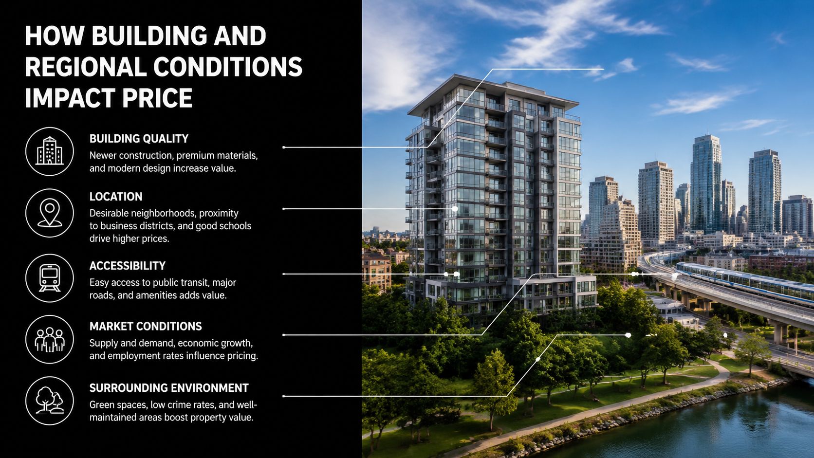An infographic detailing five key factors that impact property pricing, including building quality, location, and accessibility.