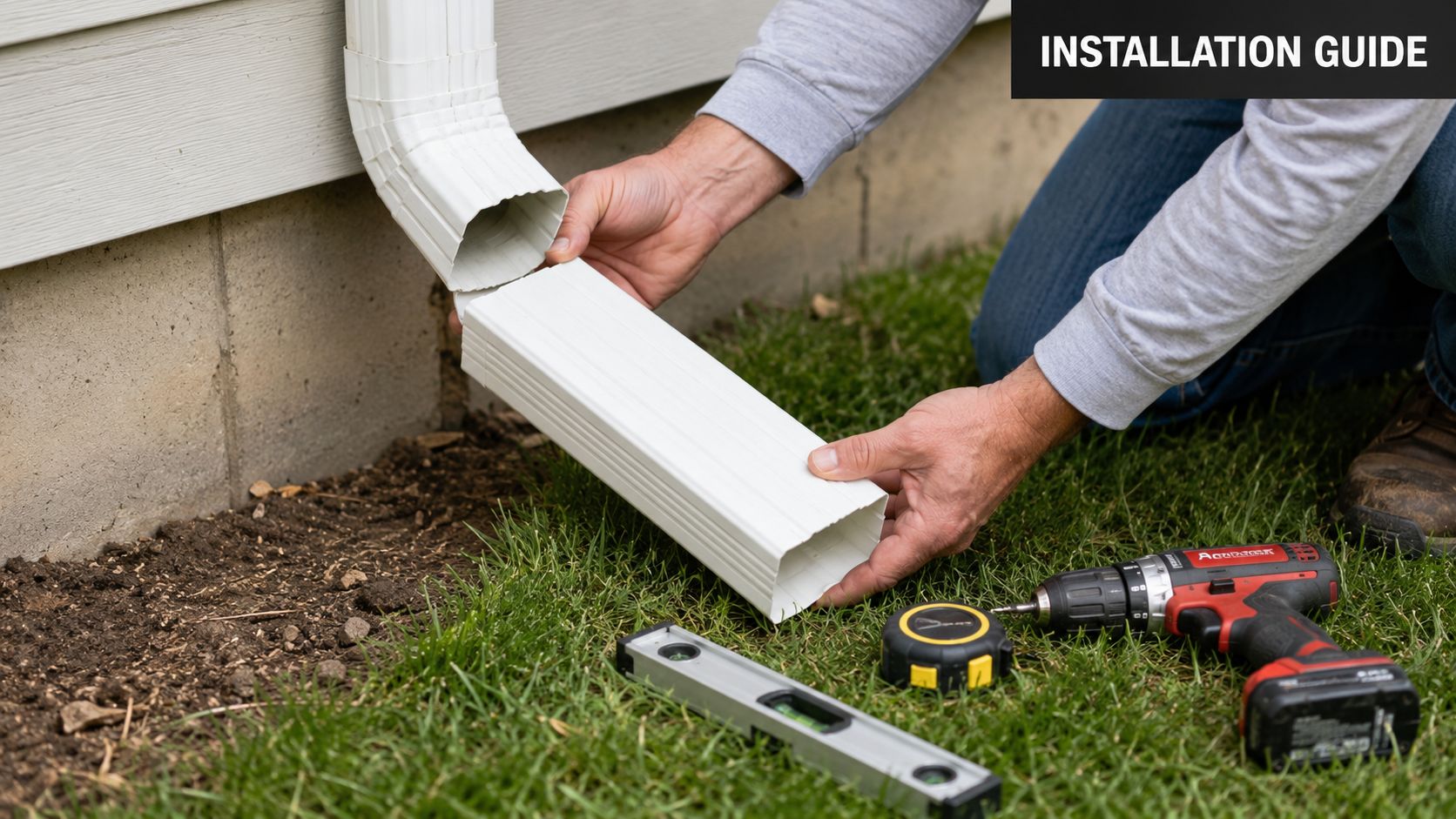 A person installing a white downspout extension on a house foundation with a drill and level nearby.