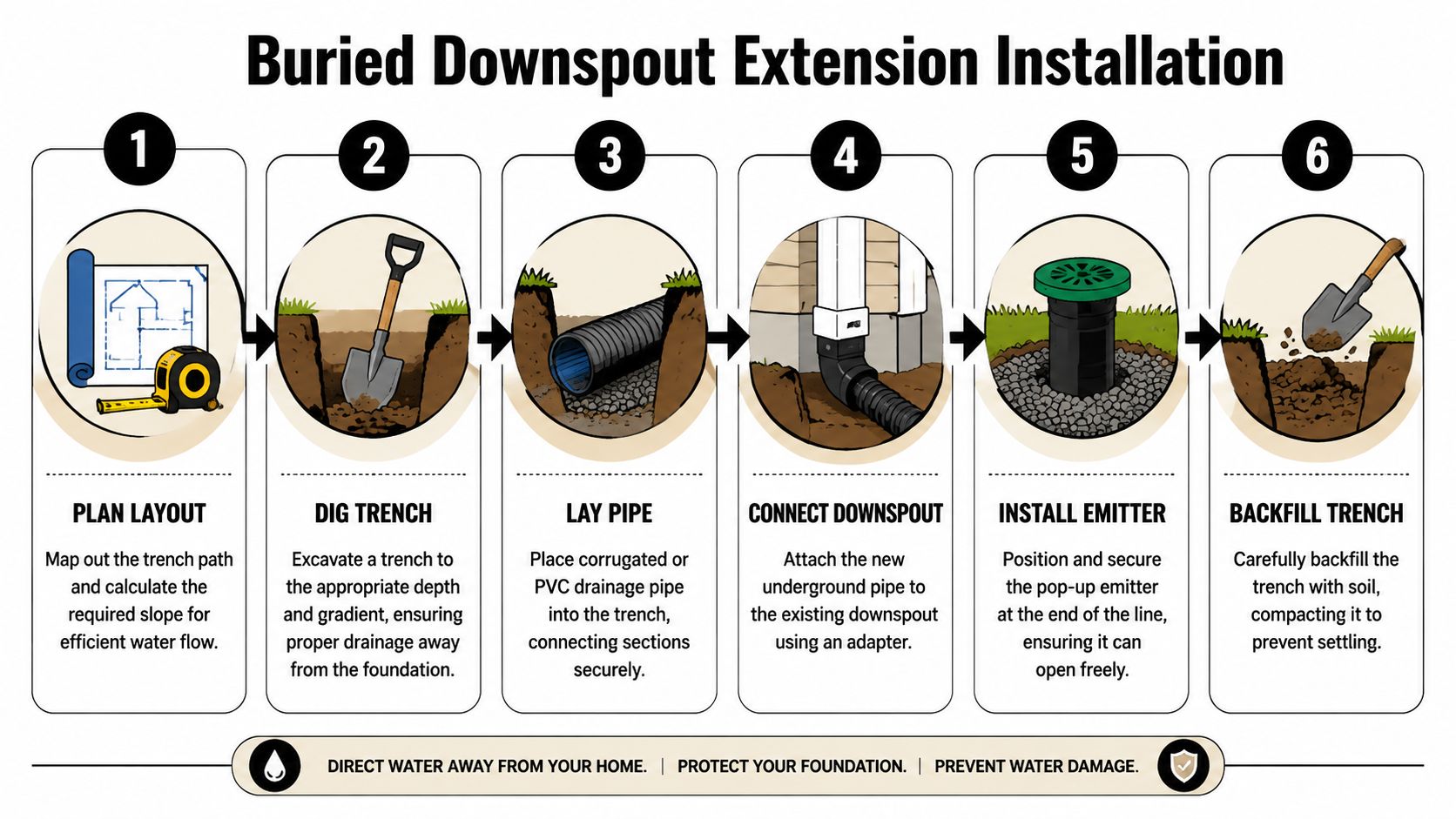 A six-step infographic guide illustrating the process of burying a downspout extension for effective home drainage.