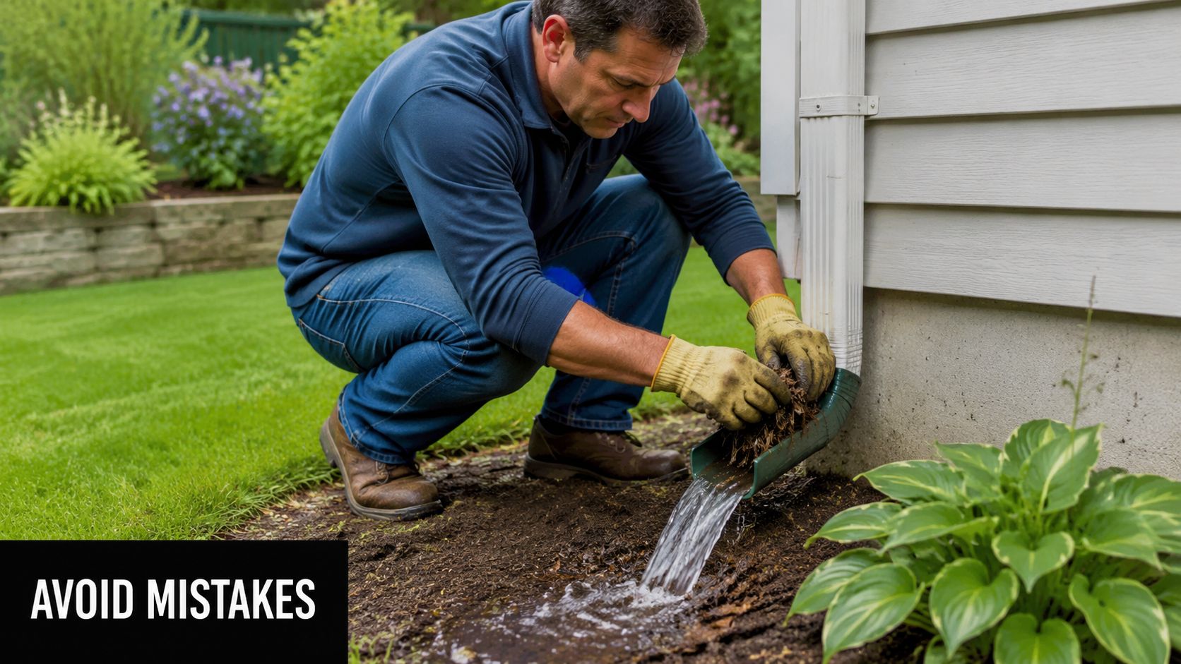 A man wearing gloves clearing debris from a gutter downspout extension while water flows out into the soil.