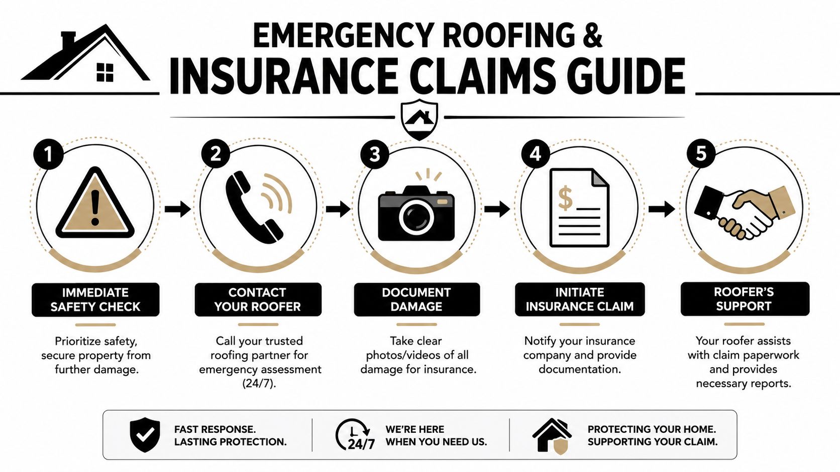 A five-step infographic guide for emergency roofing and insurance claims for homeowners during property damage incidents.