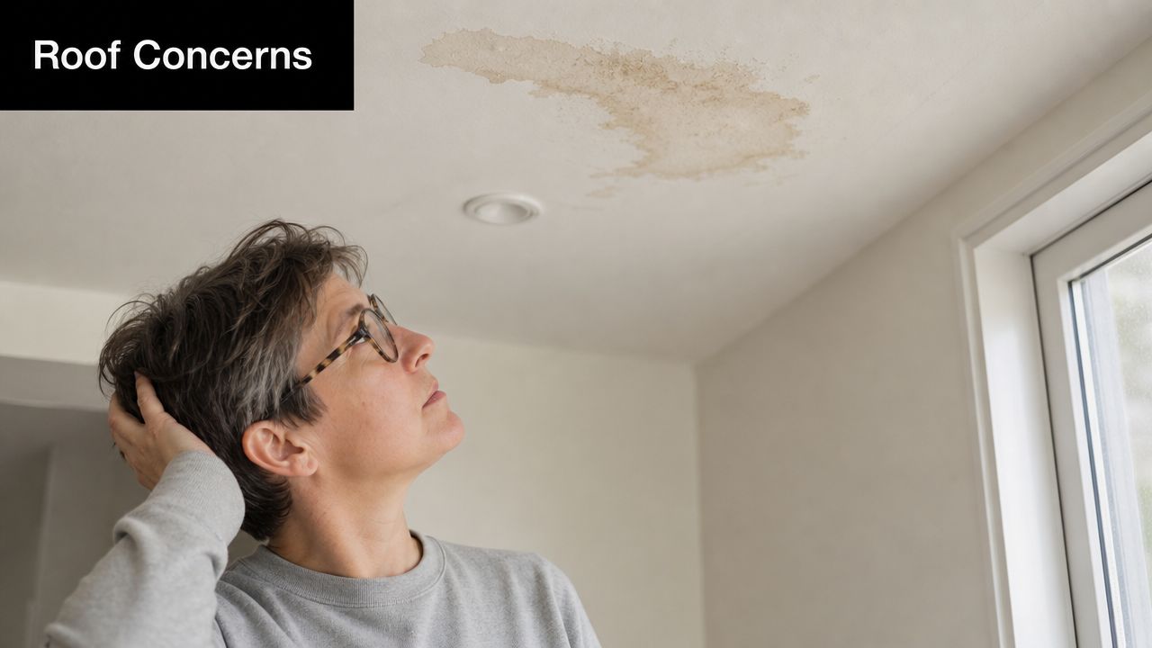 A concerned woman looks up at a noticeable water stain on her ceiling indicating roof damage.