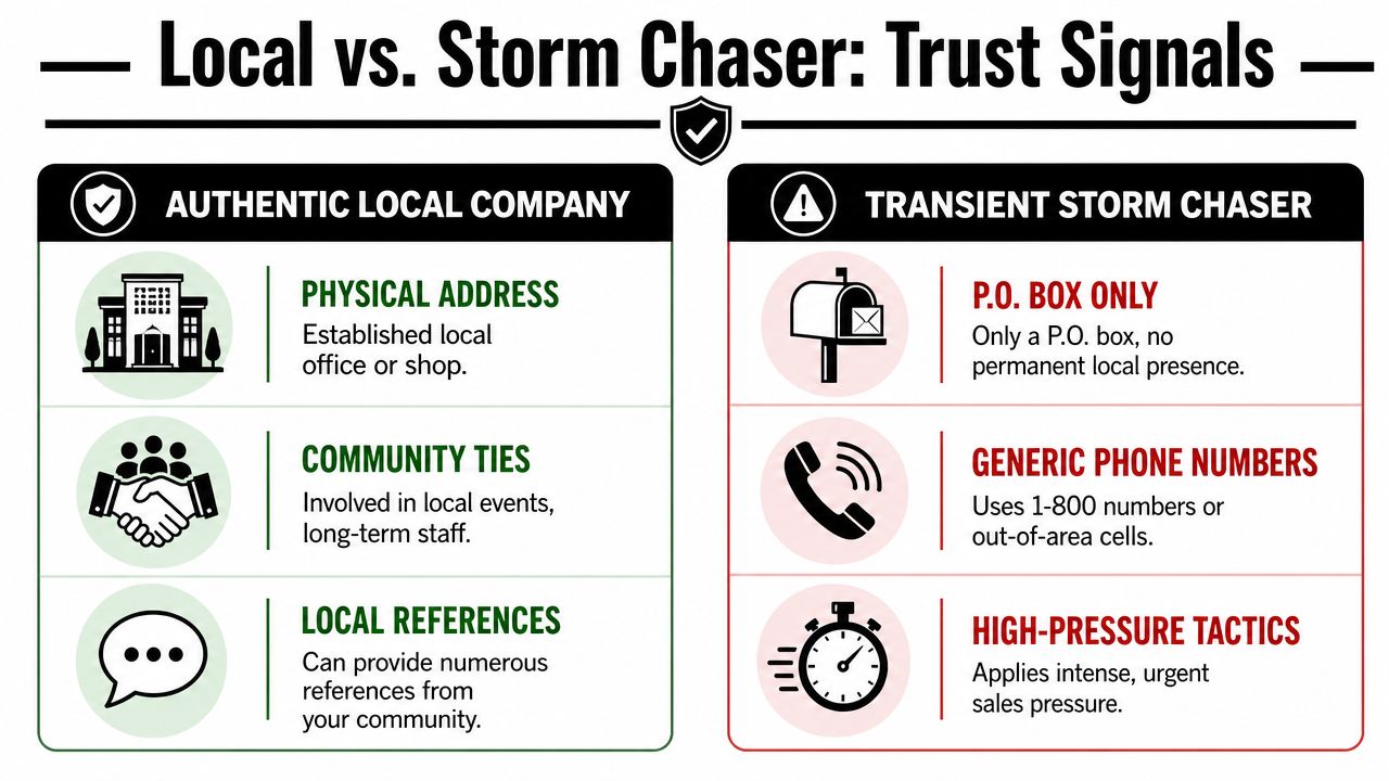 A comparison chart showing trust signals to differentiate authentic local roofing companies from transient storm chasers.