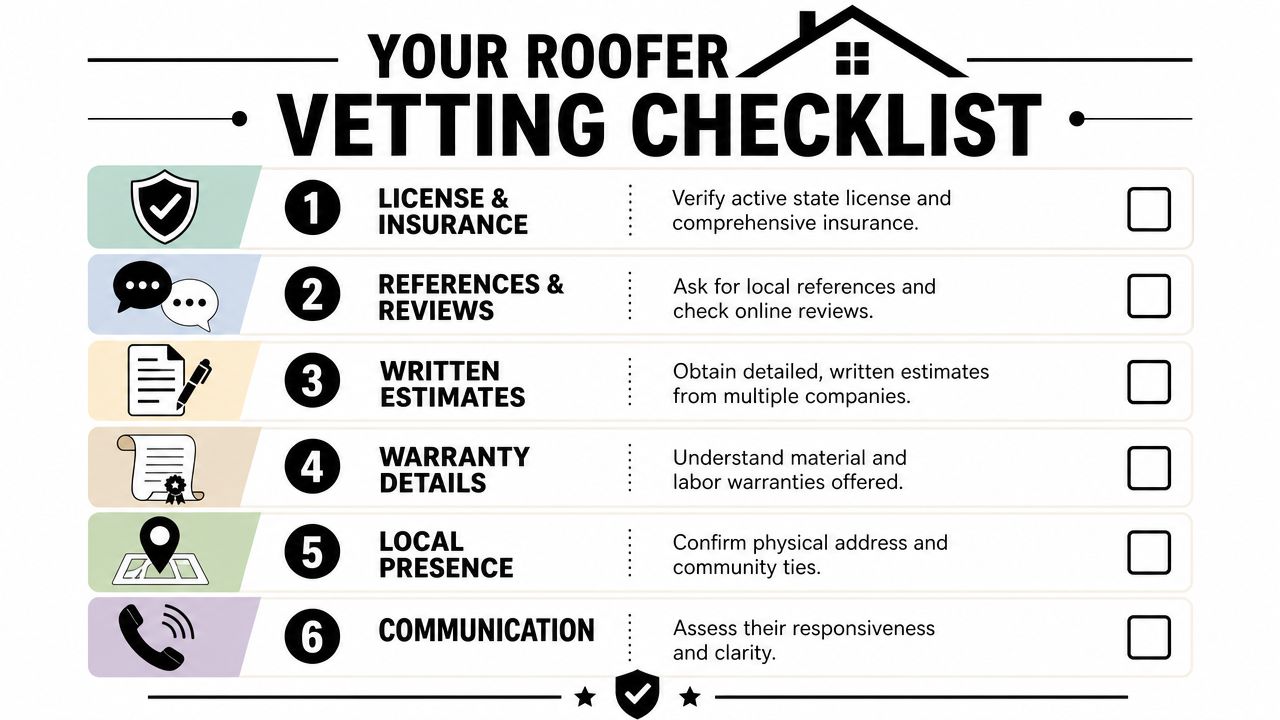 A professional vetting checklist for homeowners to follow when hiring a reliable and trustworthy roofing company.