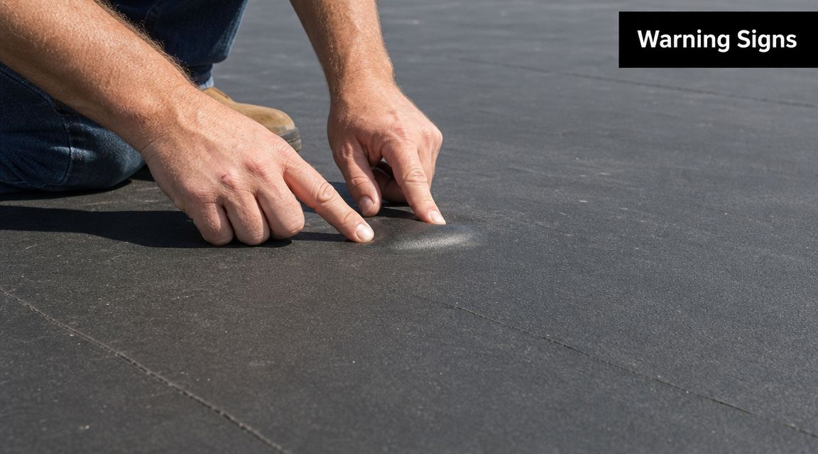 A close-up view of a person inspecting a blister or bubble on a commercial flat roof membrane.
