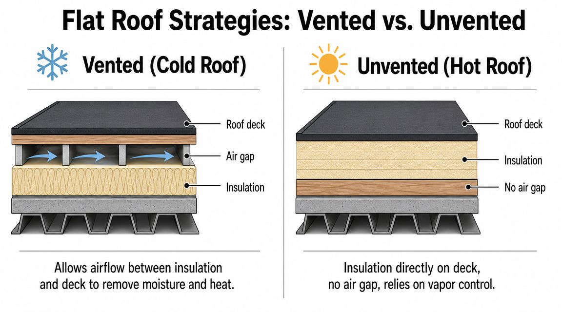 A diagram comparing vented cold roofs and unvented hot roofs for flat roofing construction strategies.