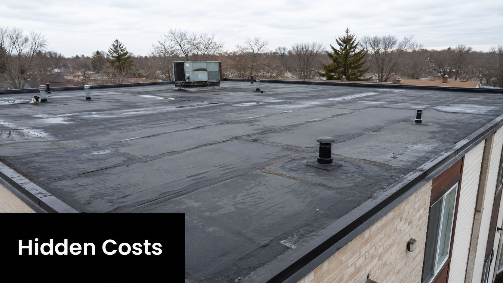 A wide angle view of a commercial flat roof featuring ventilation pipes and air conditioning units.