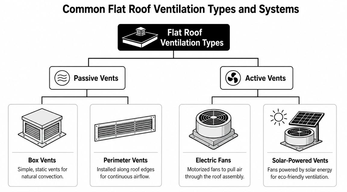 A diagram categorizing flat roof ventilation into passive vents, such as box and perimeter, and active vents.