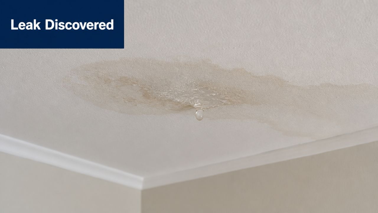 A water droplet falls from a large, wet, brown water stain on a white ceiling.