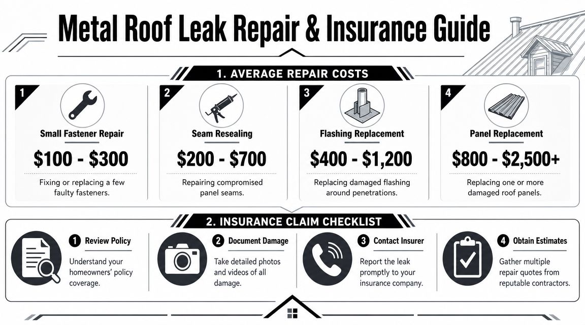 An infographic detailing average costs for metal roof repairs and a checklist for filing insurance claims.
