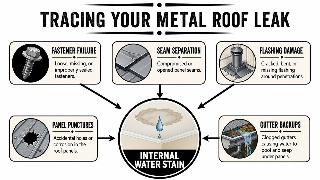 An infographic showing five common causes of metal roof leaks that lead to internal water stains.