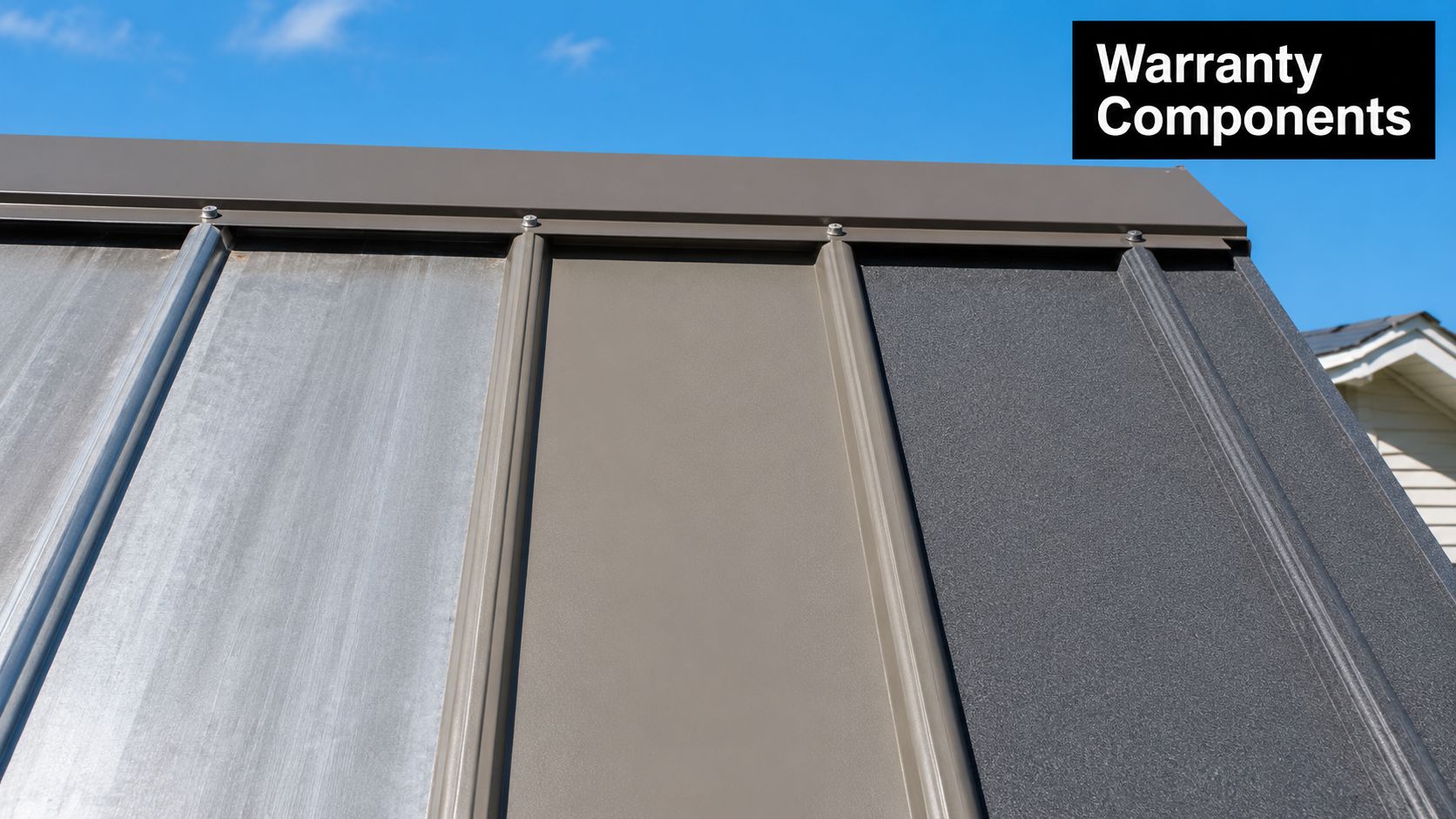 A close-up view of metal roof panels with different surface textures installed under a blue sky.