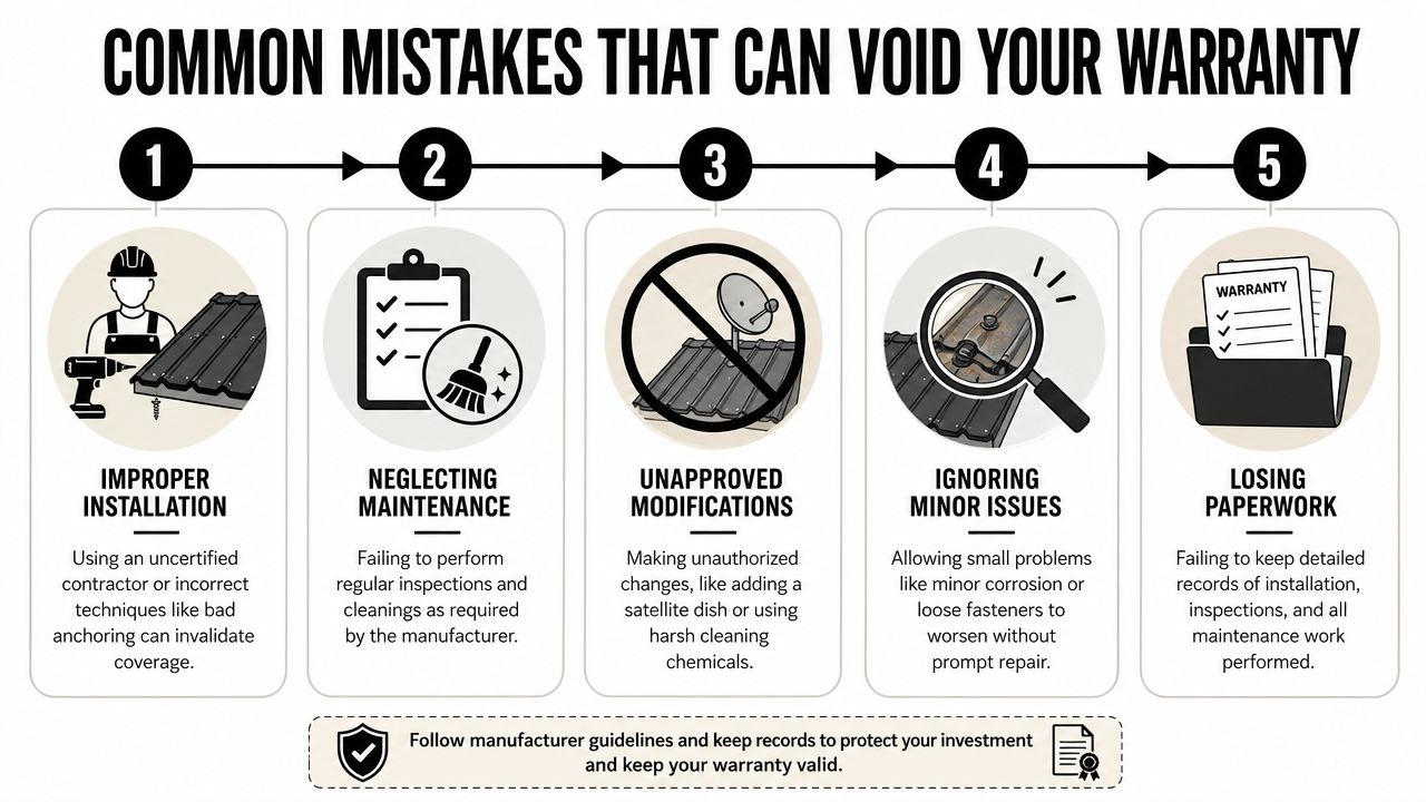 An infographic detailing five common mistakes that can void a residential metal roof warranty.