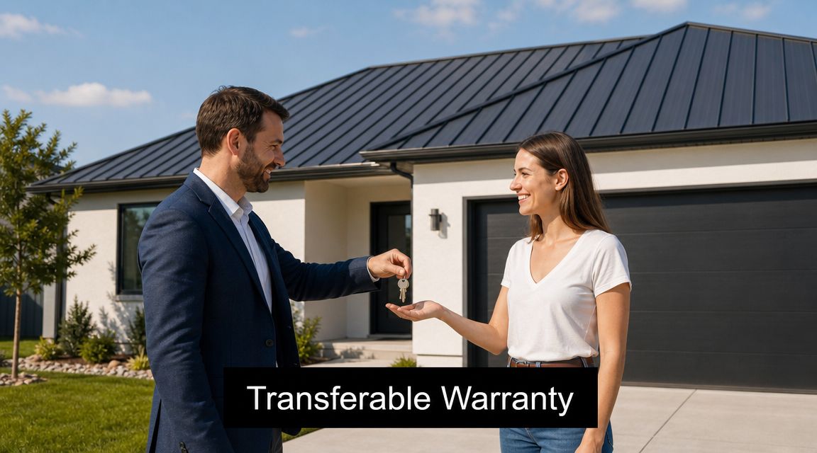 A real estate agent hands house keys to a woman in front of a modern home with metal roof.