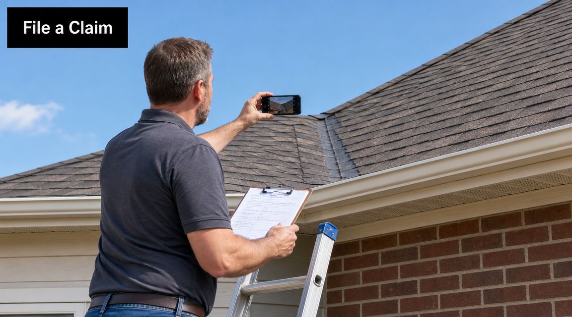 A professional inspector takes a photo of a shingled residential roof while holding a clipboard on a ladder.