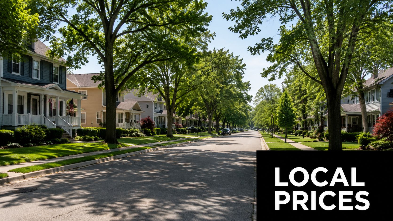A scenic residential street lined with mature trees and traditional suburban houses on a sunny day.
