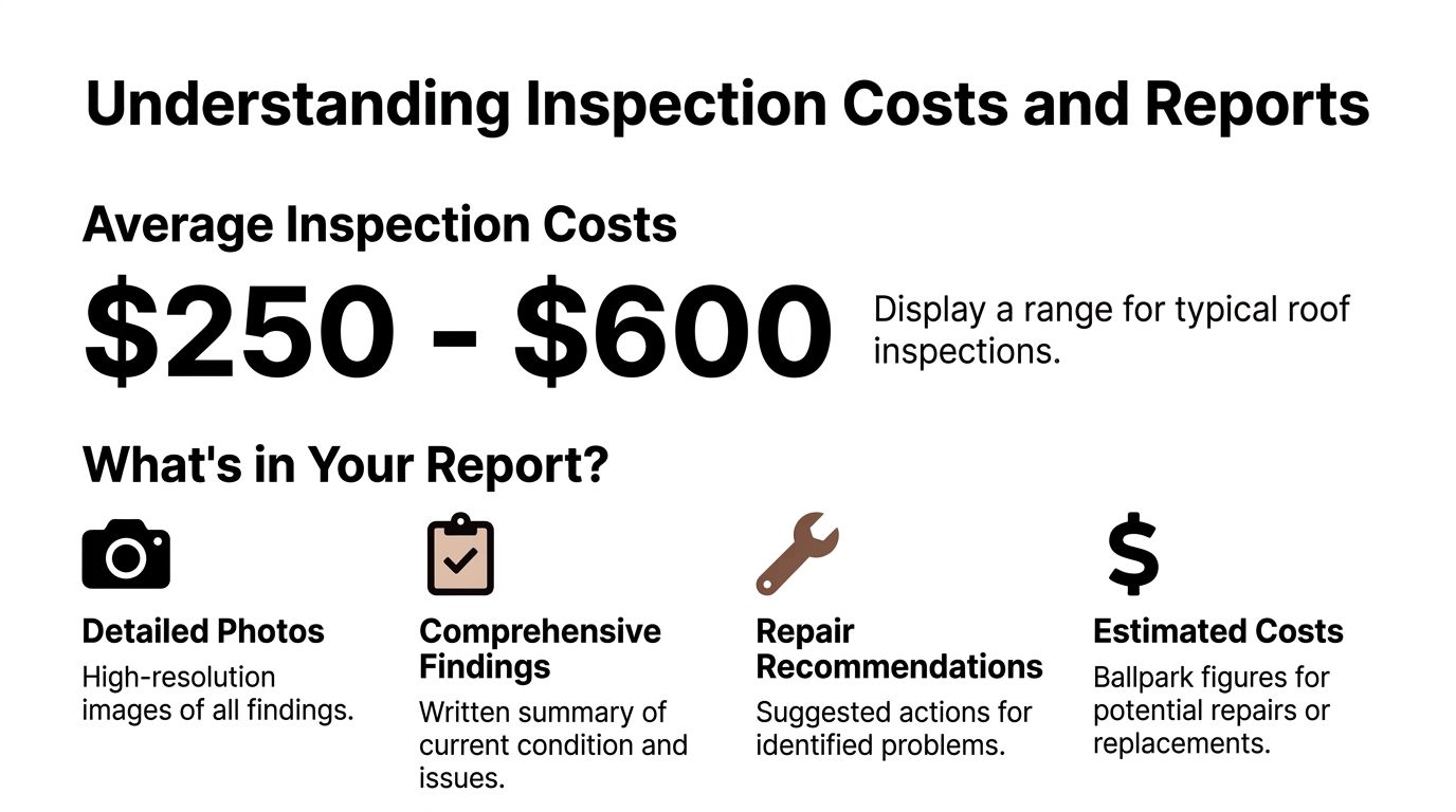 An infographic detailing average roof inspection costs between 250 and 600 dollars and report contents.