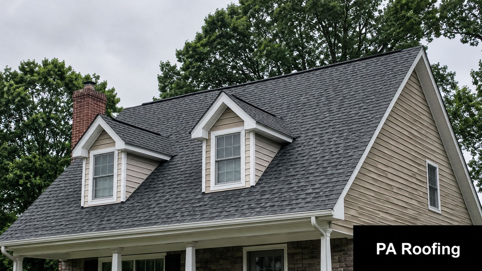 A house featuring a newly installed dark asphalt shingle roof, white trim, and two dormer windows.