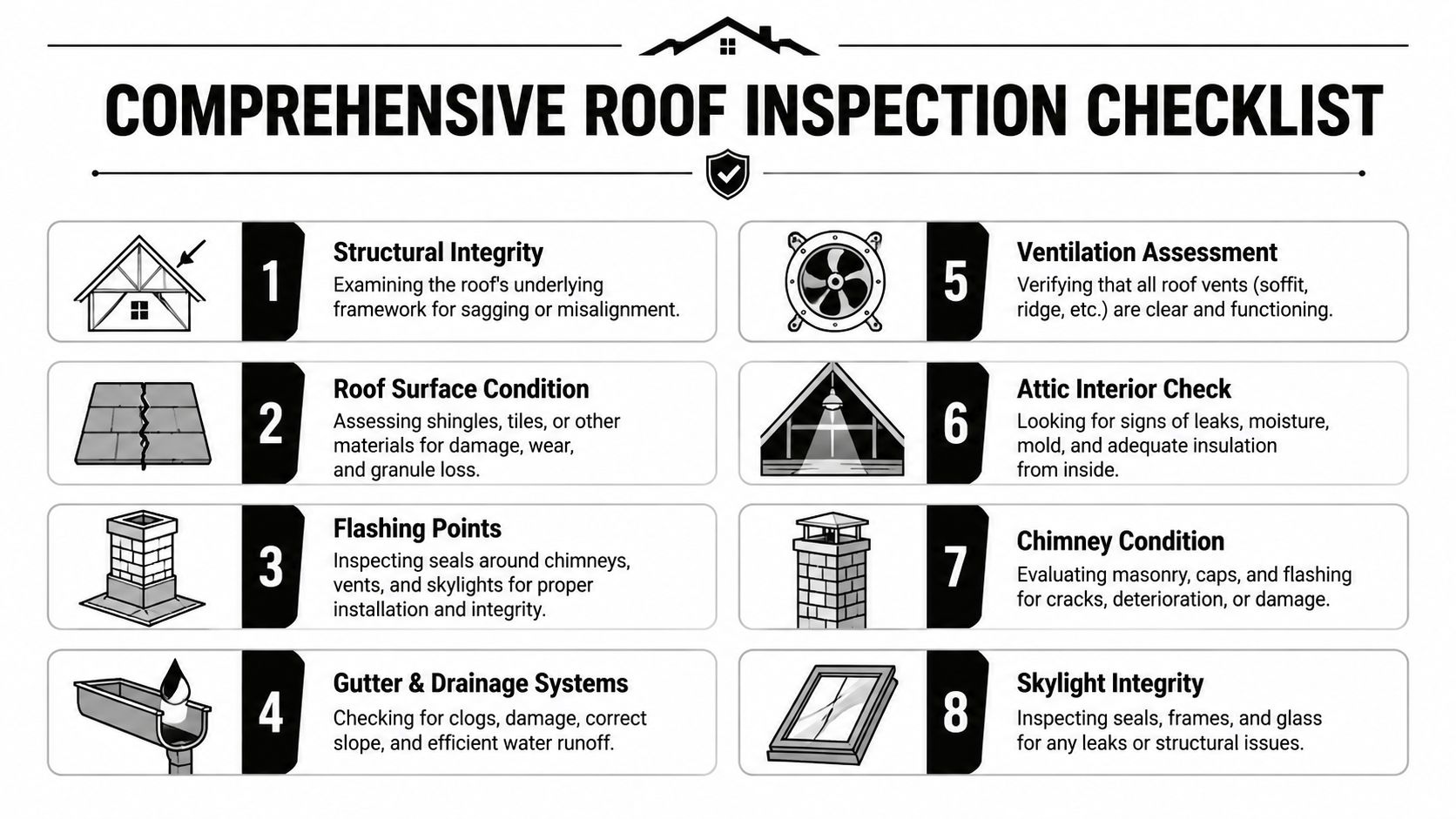 An informative infographic titled Comprehensive Roof Inspection Checklist featuring eight essential steps for residential roof maintenance.