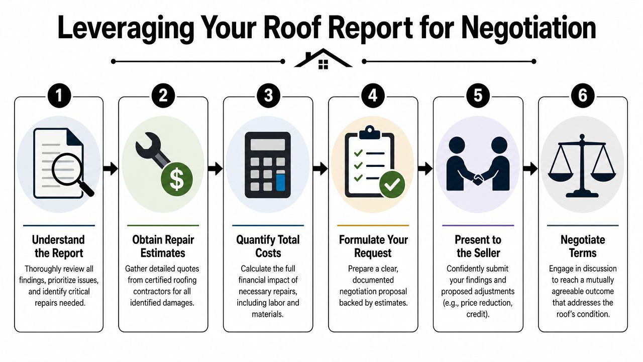 A six-step infographic showing how to use a roof inspection report for real estate negotiations.
