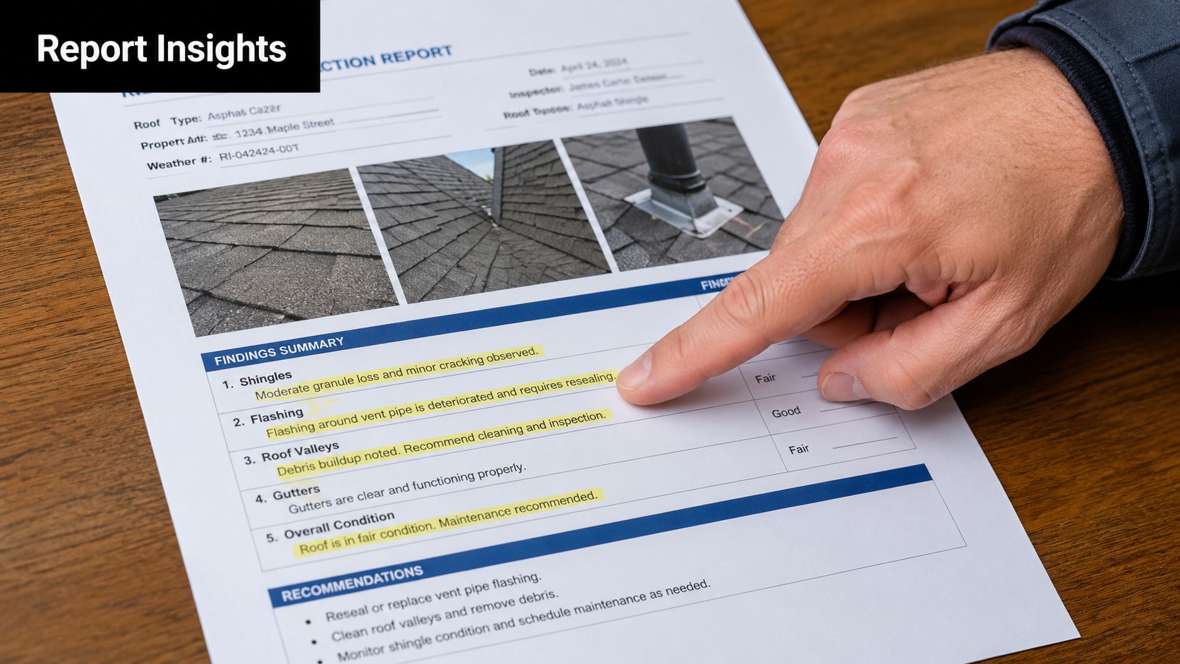 A hand pointing at a detailed residential roof inspection report highlighting findings and recommendations for home maintenance.