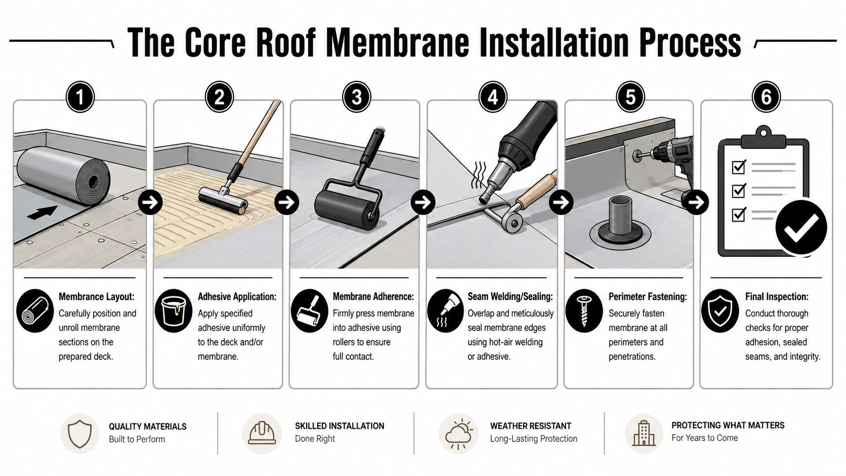 An infographic showing the six step process for installing a professional roof membrane system on a deck.