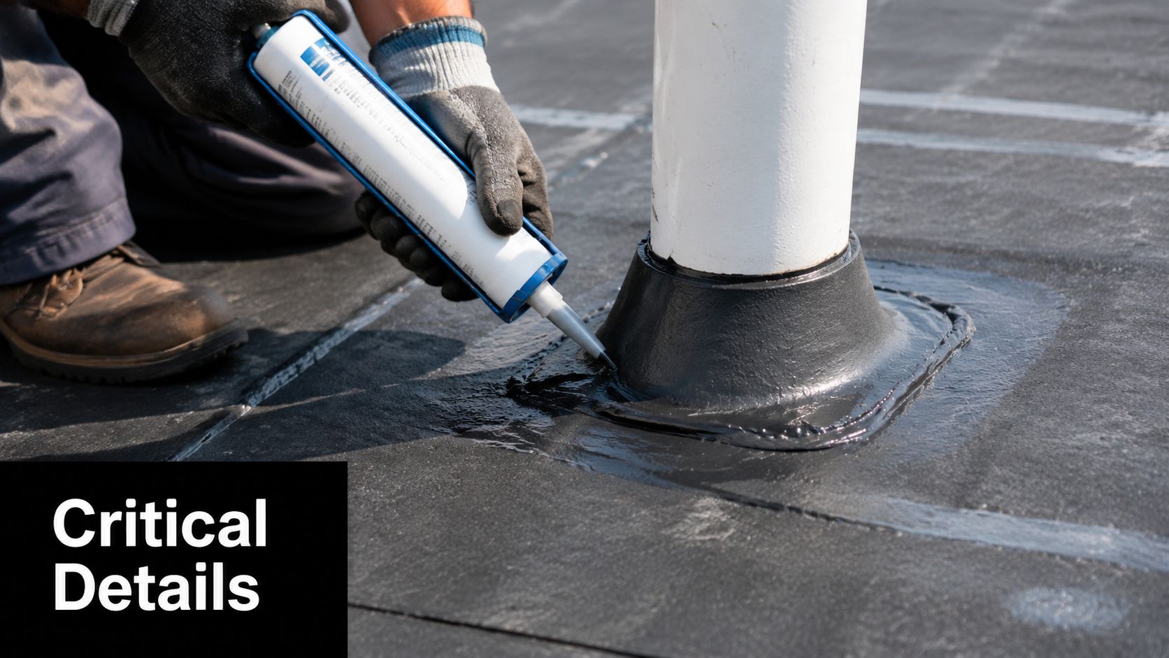 A professional construction worker applies sealant to the base of a roof vent pipe membrane.