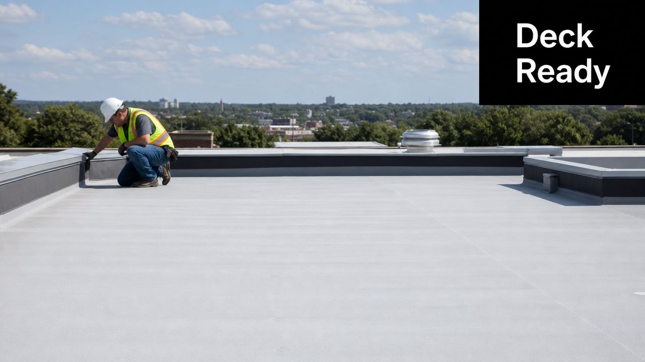 A construction worker in a hard hat and safety vest inspects a newly installed flat roof membrane.
