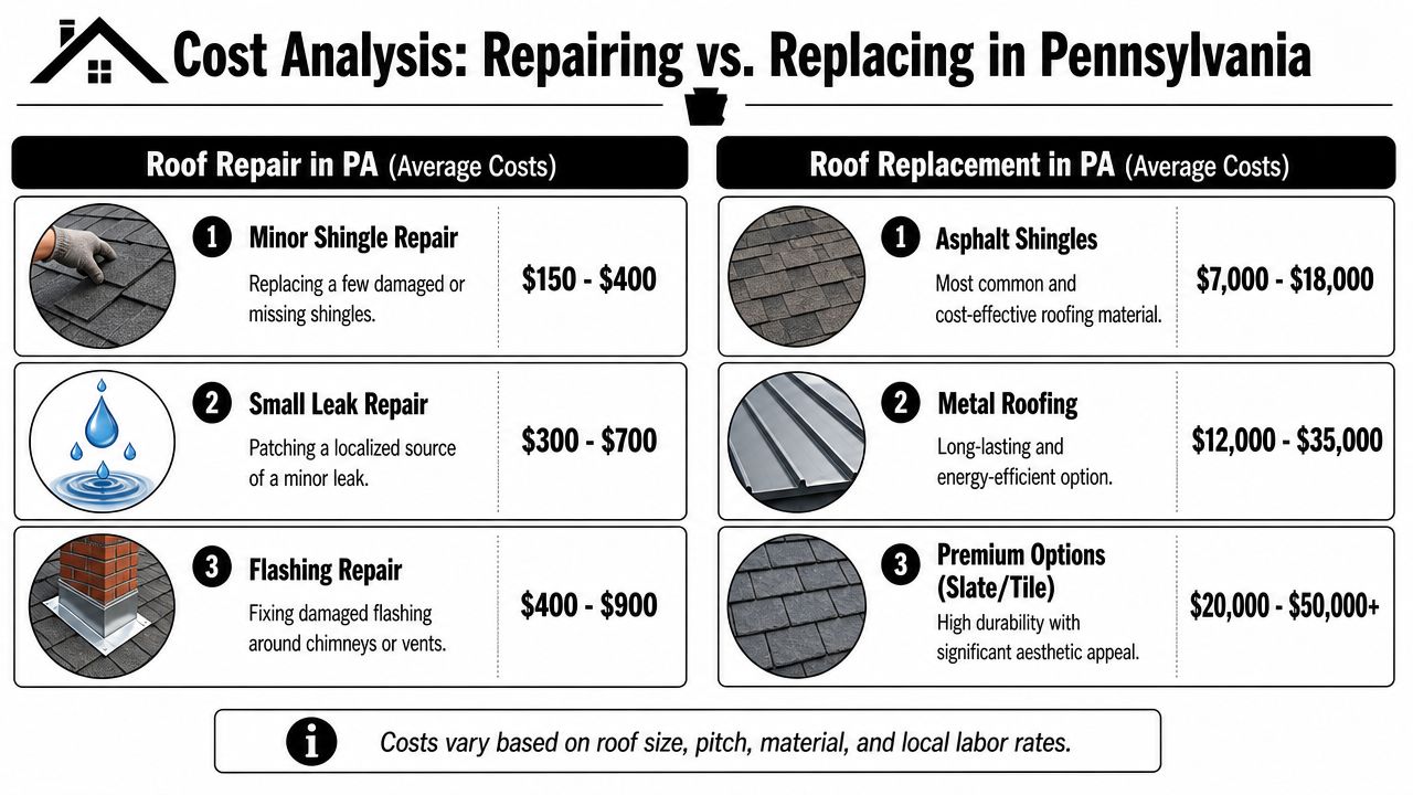 A cost comparison infographic showing average prices for various roof repairs and replacements in Pennsylvania.