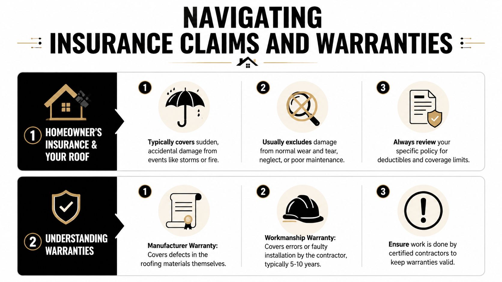 An infographic titled Navigating Insurance Claims and Warranties explains coverage for roofing insurance and manufacturer warranties.