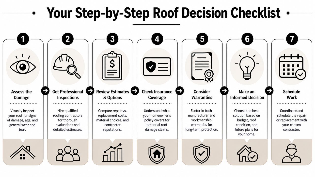 A seven-step checklist infographic for homeowners planning to repair or replace their roof.