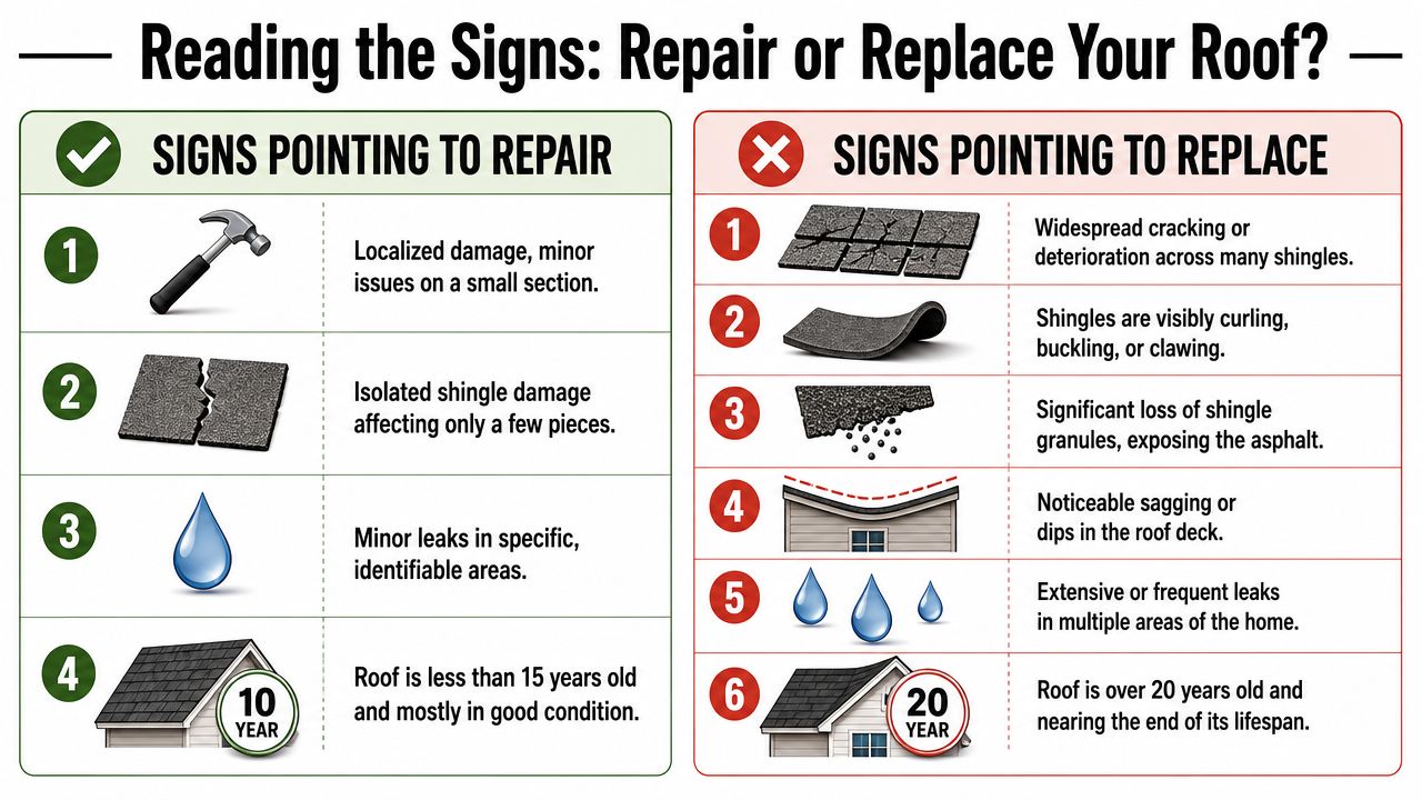 An infographic comparing signs indicating whether a roof requires repair or a full replacement.