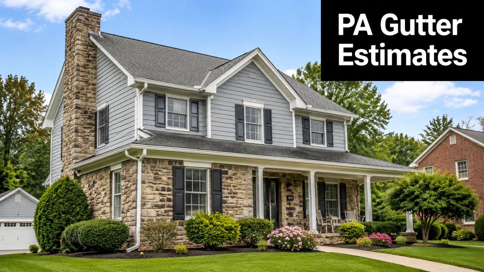 A beautiful two-story residential house featuring stone masonry, gray siding, and a well-manicured front lawn.