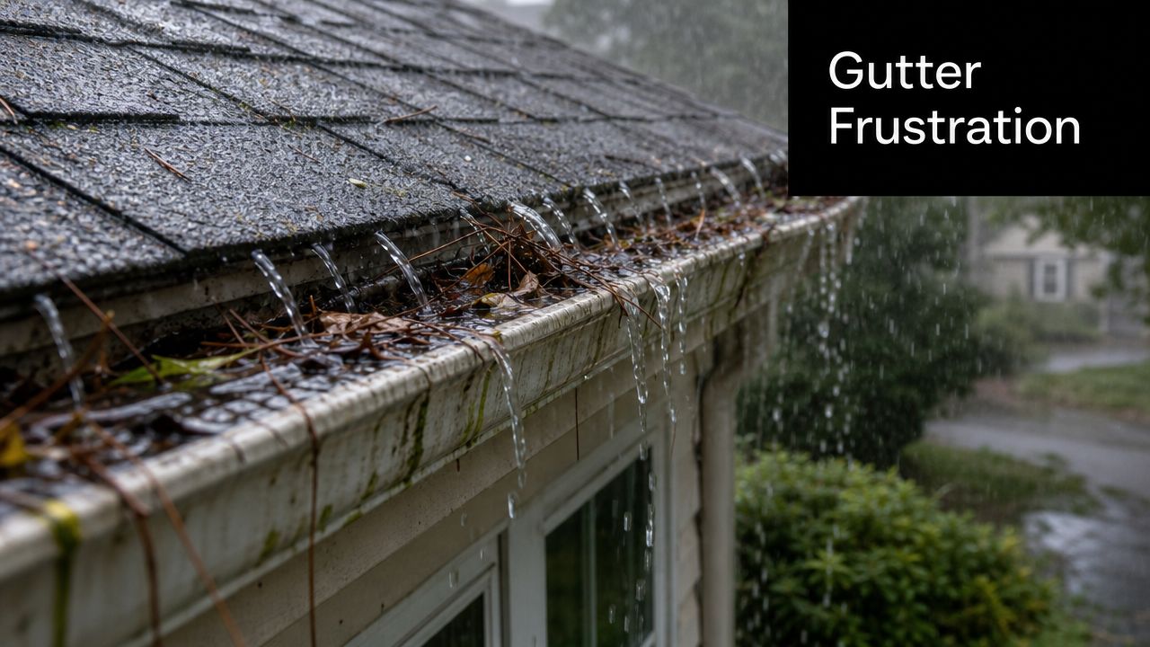 Rainwater overflowing from a clogged house gutter filled with wet autumn leaves and pine needles.