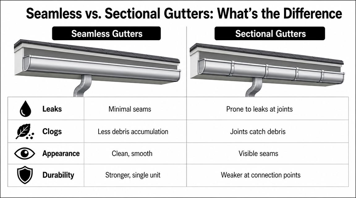 A comparison chart showing the differences between seamless and sectional gutter systems for residential homes.