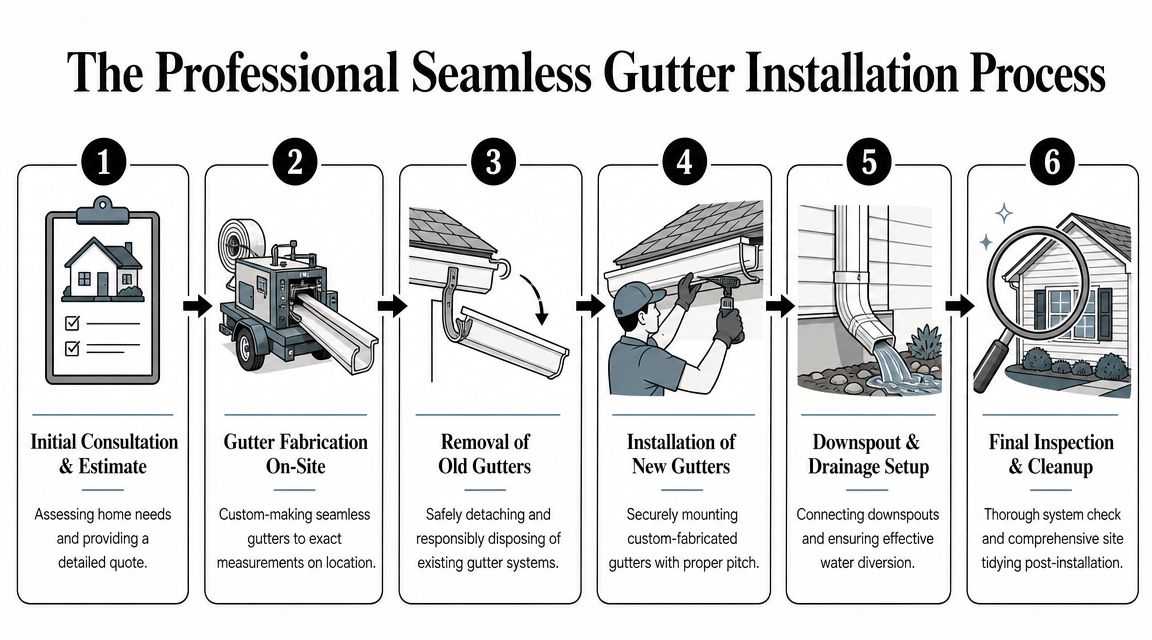 A six-step infographic illustrating the professional seamless gutter installation process from consultation to final cleanup.
