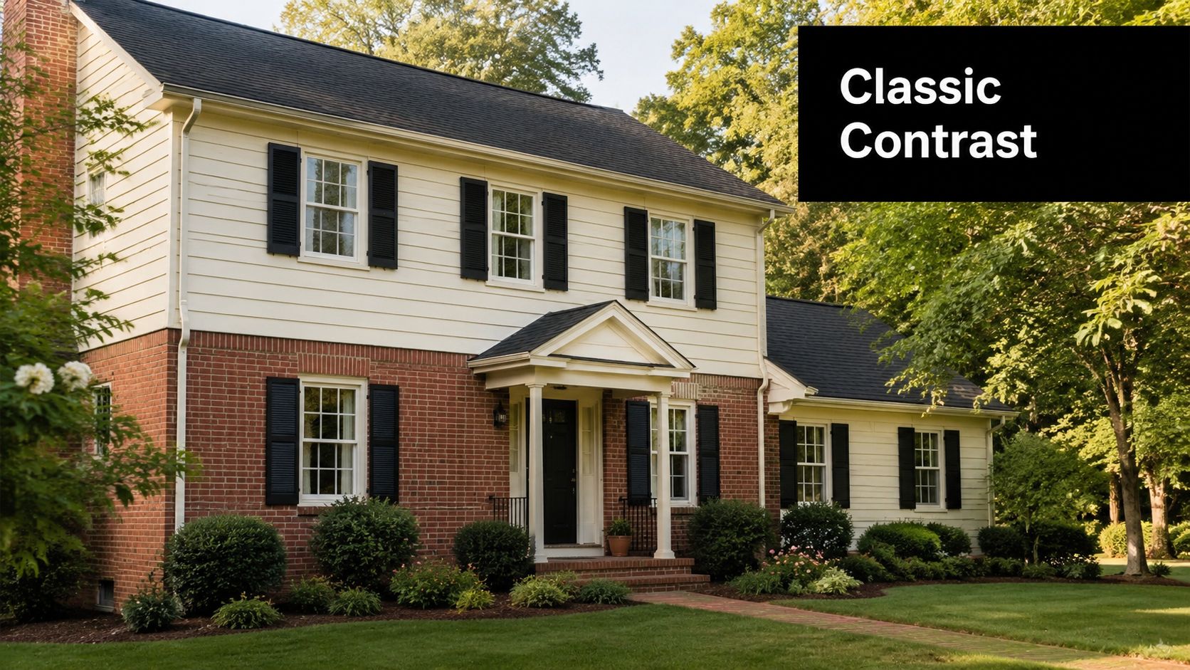 A classic colonial style house featuring cream colored siding and red brick exterior with black shutters.