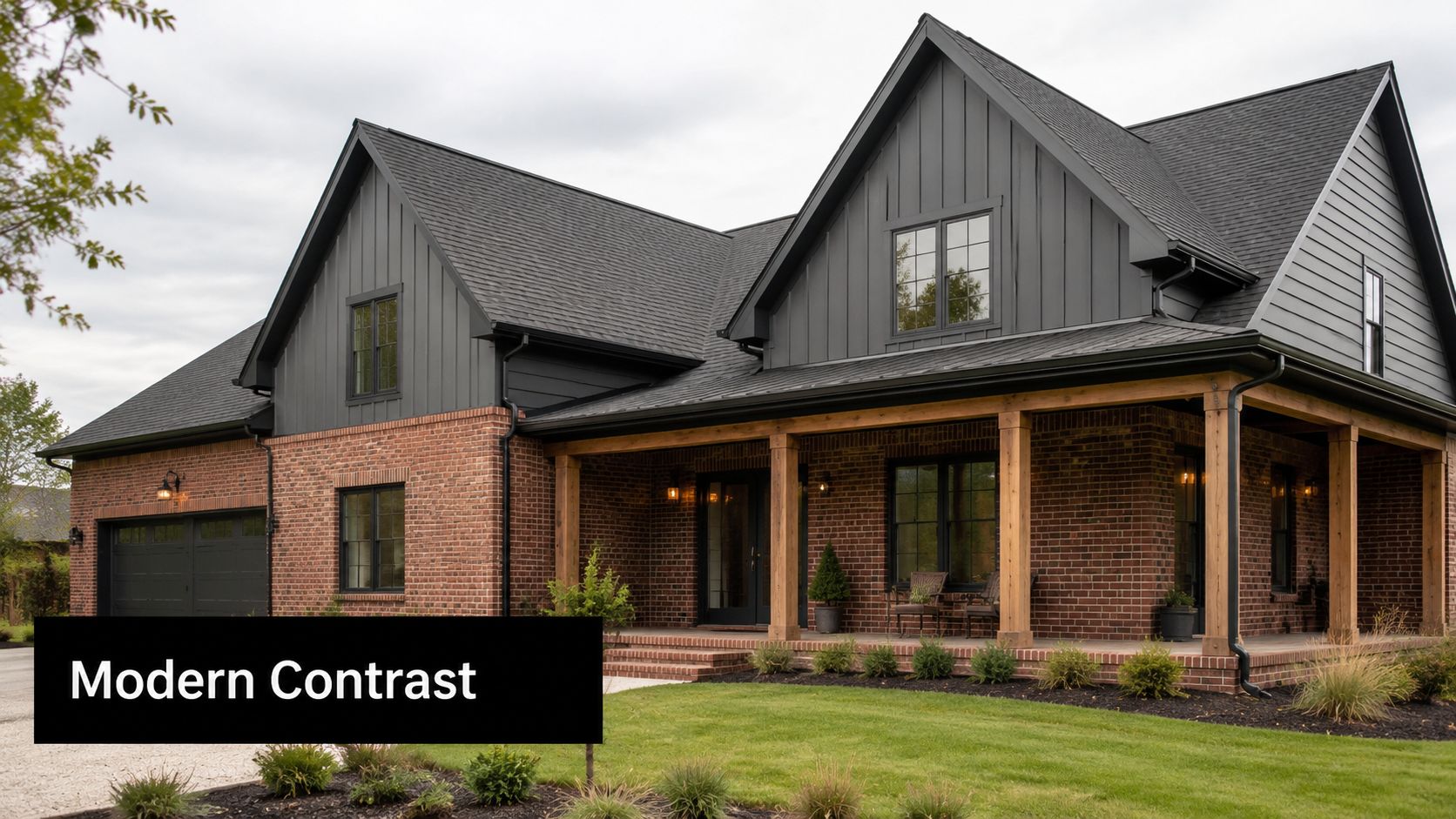 A modern luxury home featuring a striking combination of red brick walls and black vertical siding.