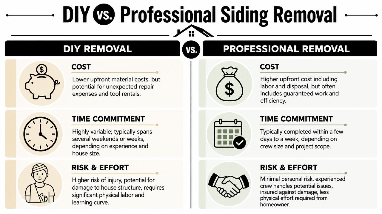 A comparison chart showing the differences between DIY and professional siding removal for homeowners.
