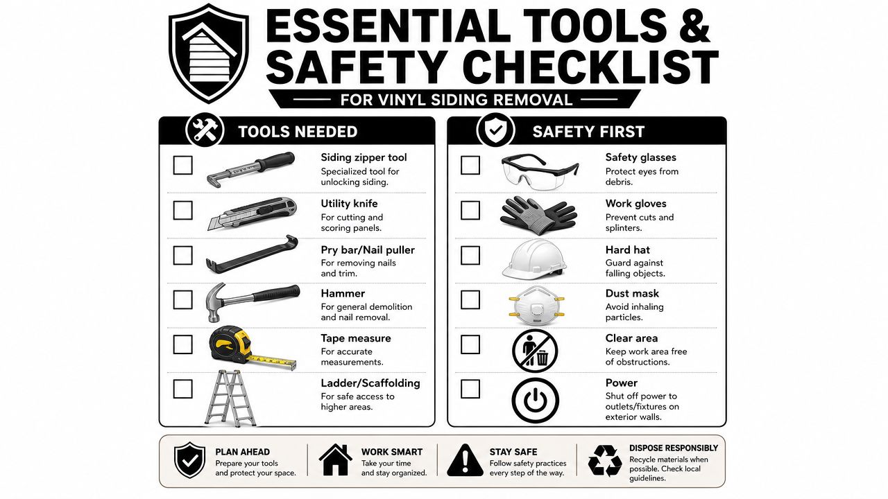A comprehensive checklist outlining the essential tools and safety equipment required for vinyl siding removal.