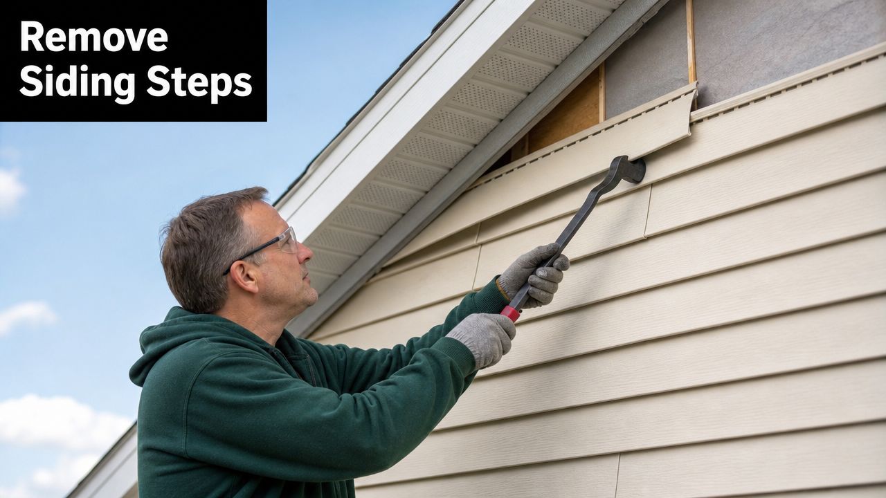 A construction worker uses a pry bar to carefully remove a piece of beige vinyl siding.