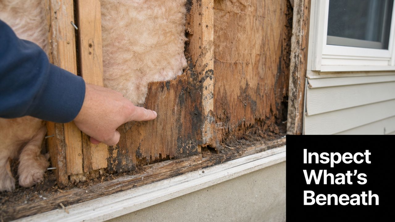 A close-up view of rotted wall sheathing exposed behind removed vinyl siding on a residential home.