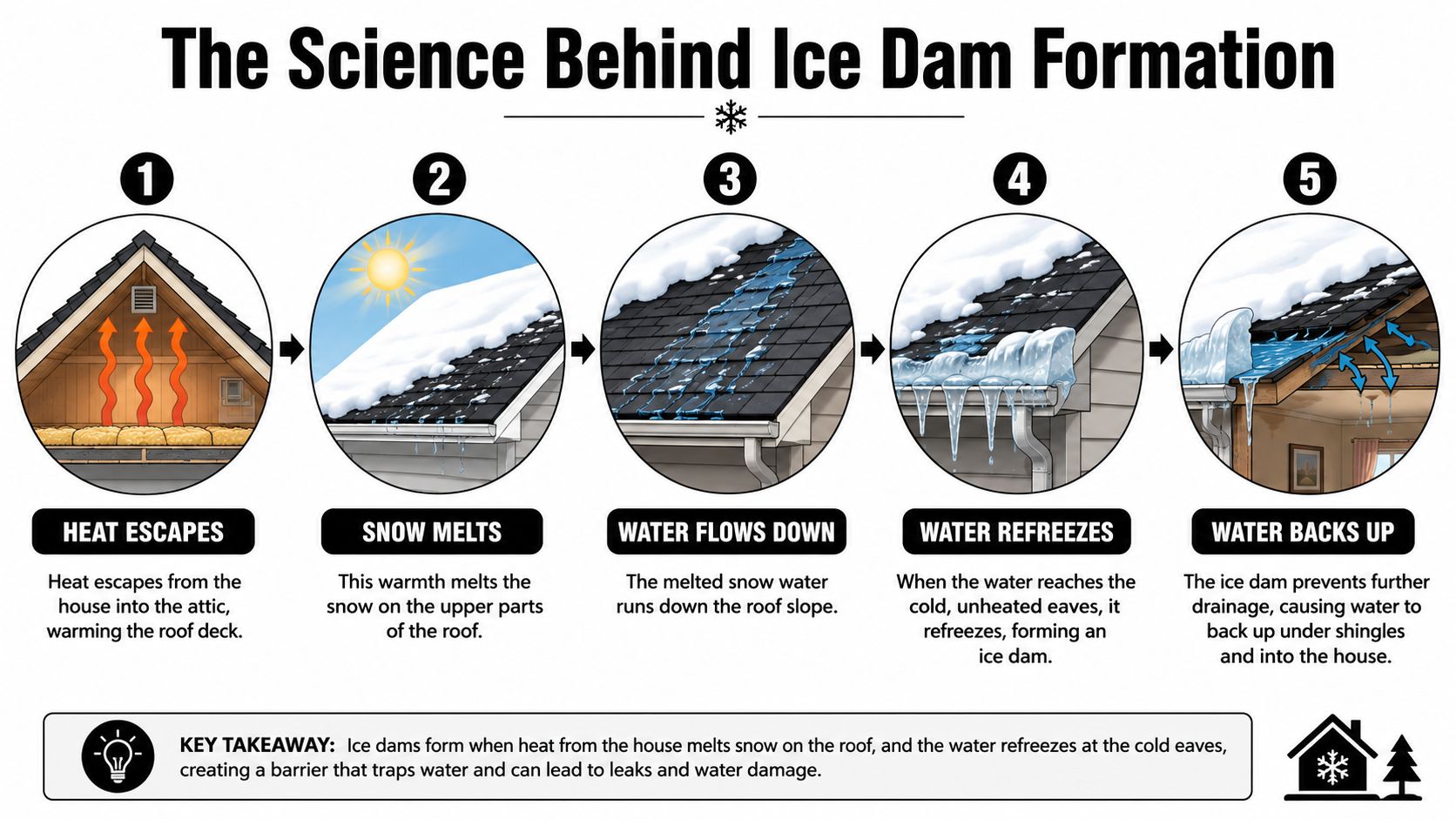 An infographic showing the five steps of ice dam formation on a house roof during winter.