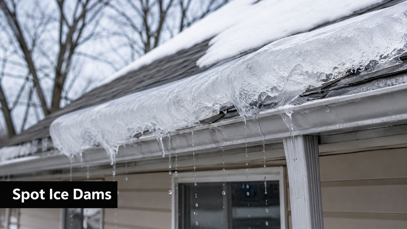 A close-up view of a thick ice dam forming along the gutter edge of a house roof.