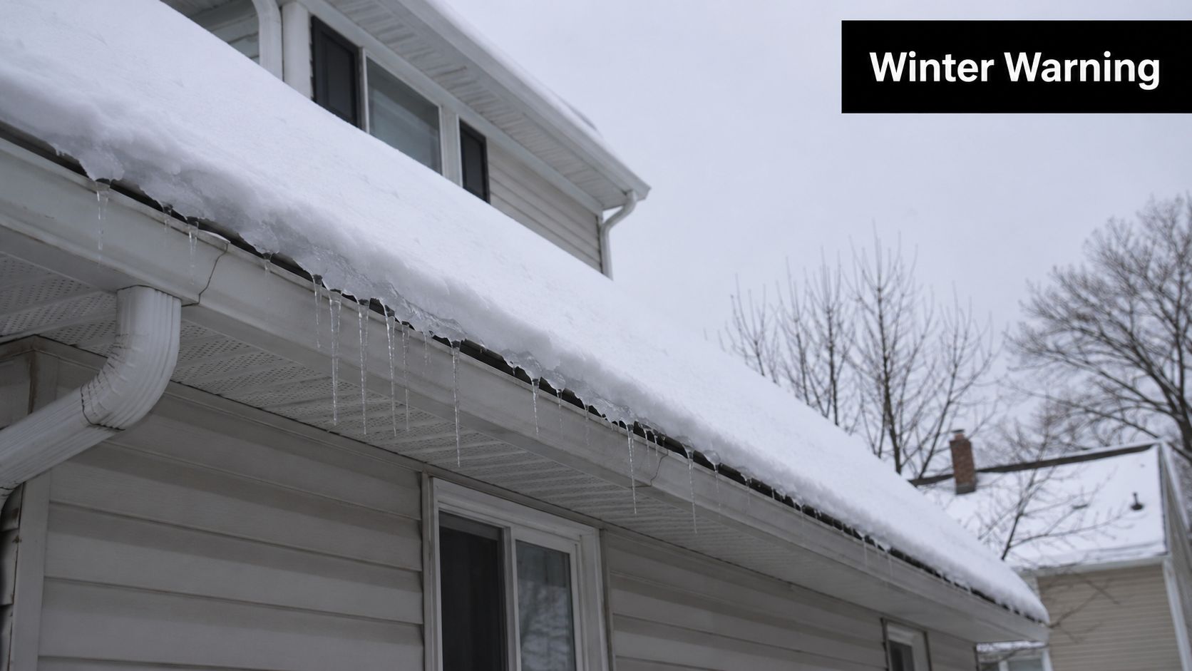 A house roof covered in thick snow with sharp icicles hanging from the gutter in winter.