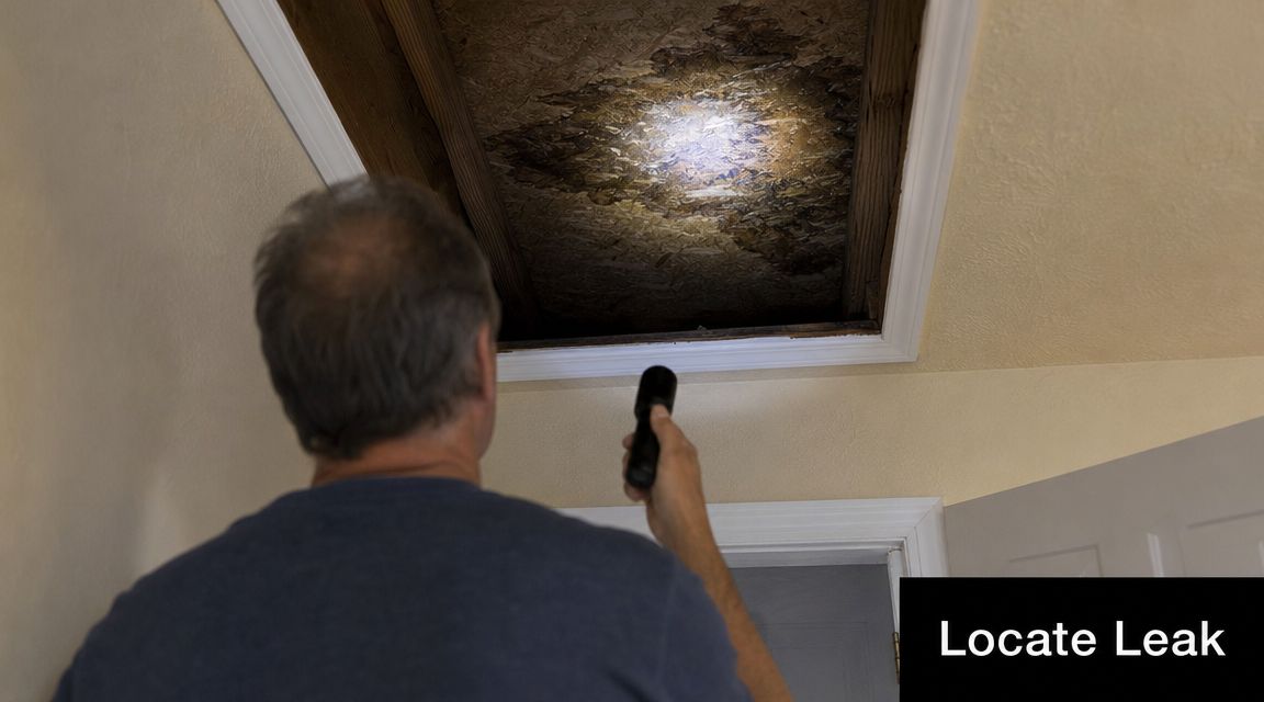 A man uses a flashlight to inspect water damage on the ceiling hatch of an attic entrance.